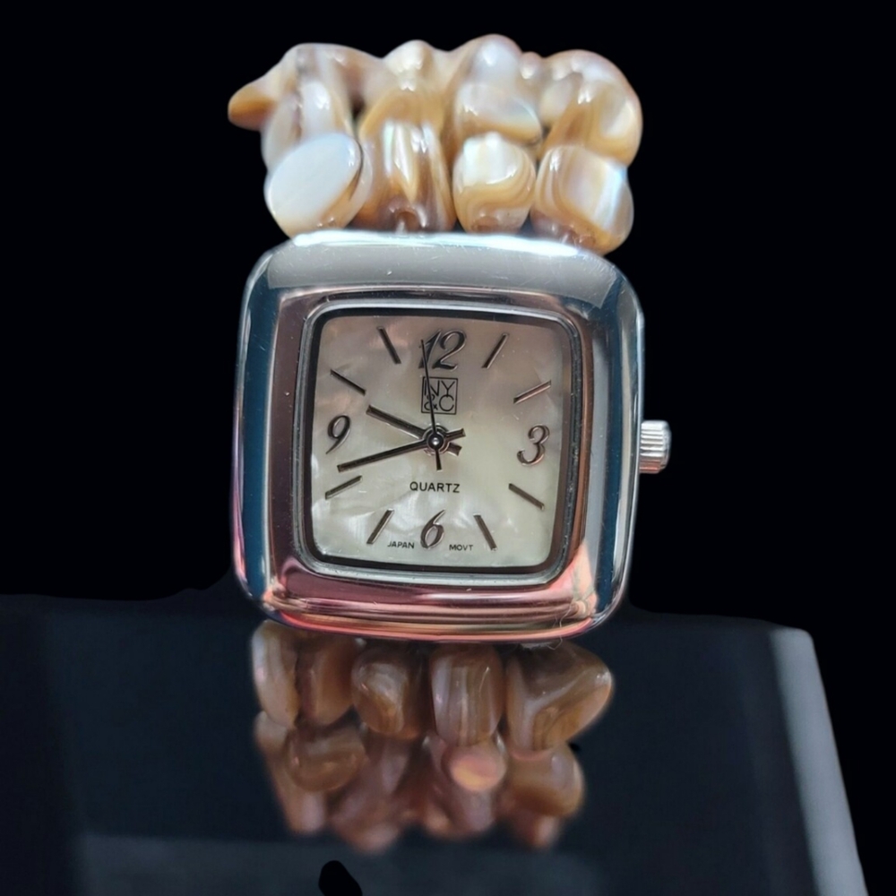 New York & Company Silver and Mother of Pearl Shell Beaded Stretch Women's Watch